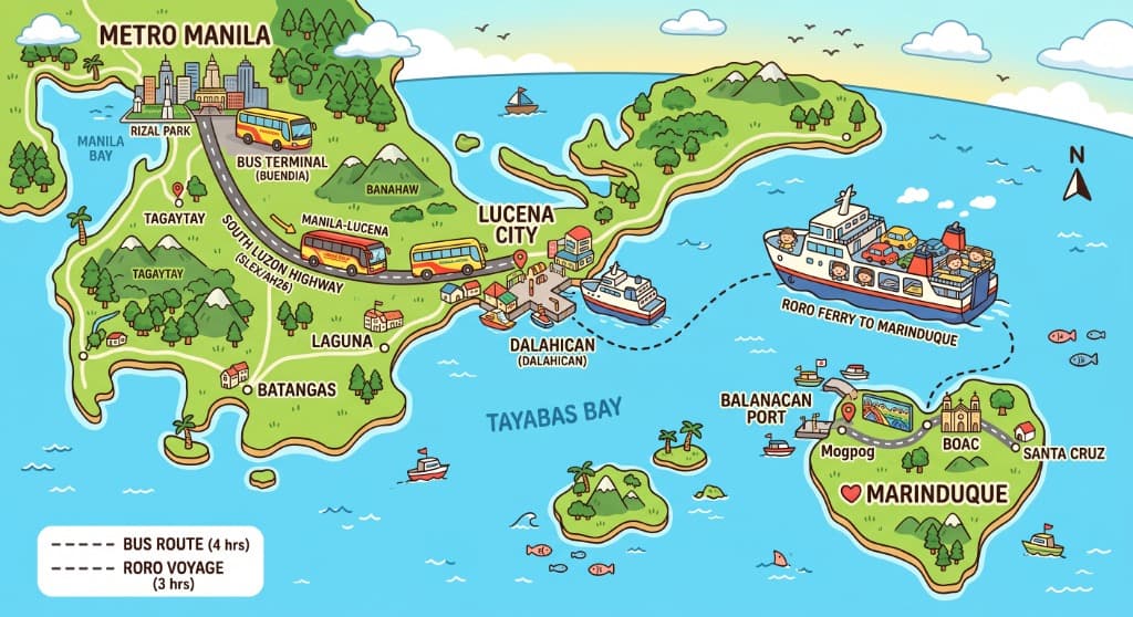 Infographic map showing travel from Manila to Marinduque